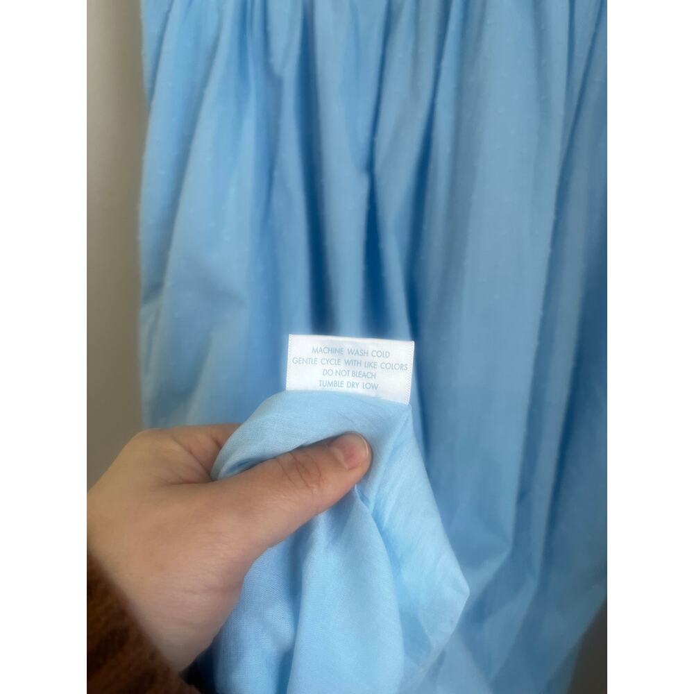 LAKE Light Blue Swiss Dot Smocked Midi Dress Ruffle Strap Cottagecore Coquette L - Picture 9 of 9